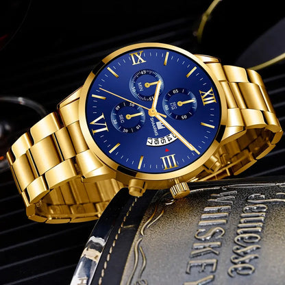 RELOJ LUXURY Oro de Negocios de cuarzo para Hombre + manilla de regalo oro