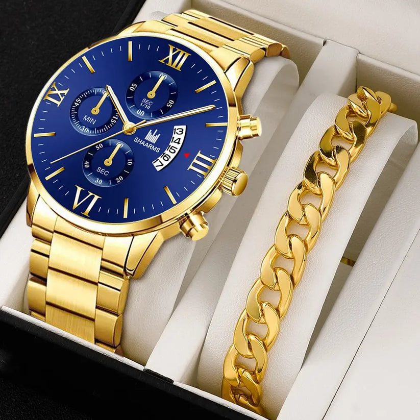 RELOJ LUXURY Oro de Negocios de cuarzo para Hombre + manilla de regalo oro